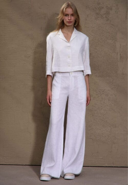 Plačios natūralaus lino baltos spalvos kelnės