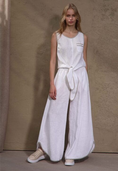 Itin plačios natūralaus lino baltos spalvos kelnės