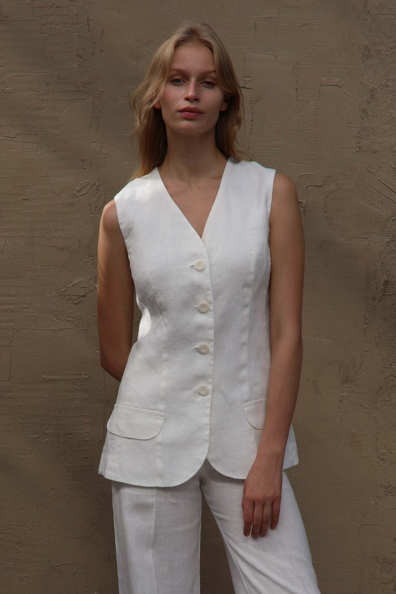 White linen long vest