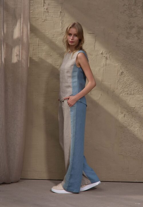 Three natural linen and light blue  colour pants